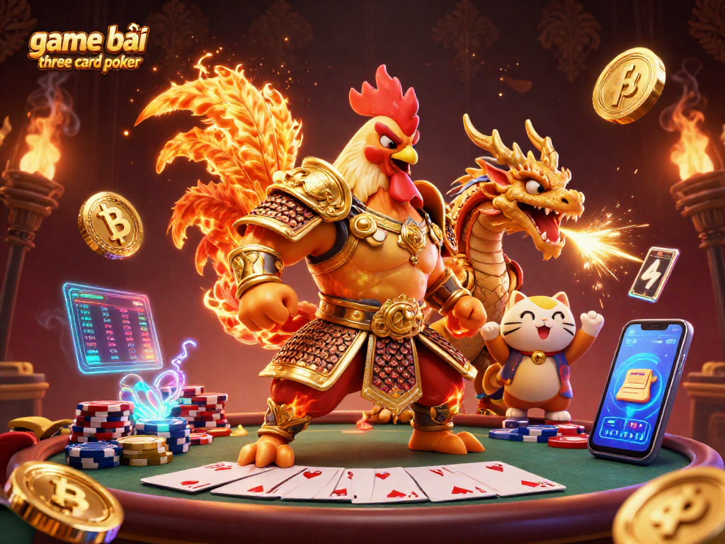 Engage in game bài three card poker with lively characters at a poker table showcasing excitement.
