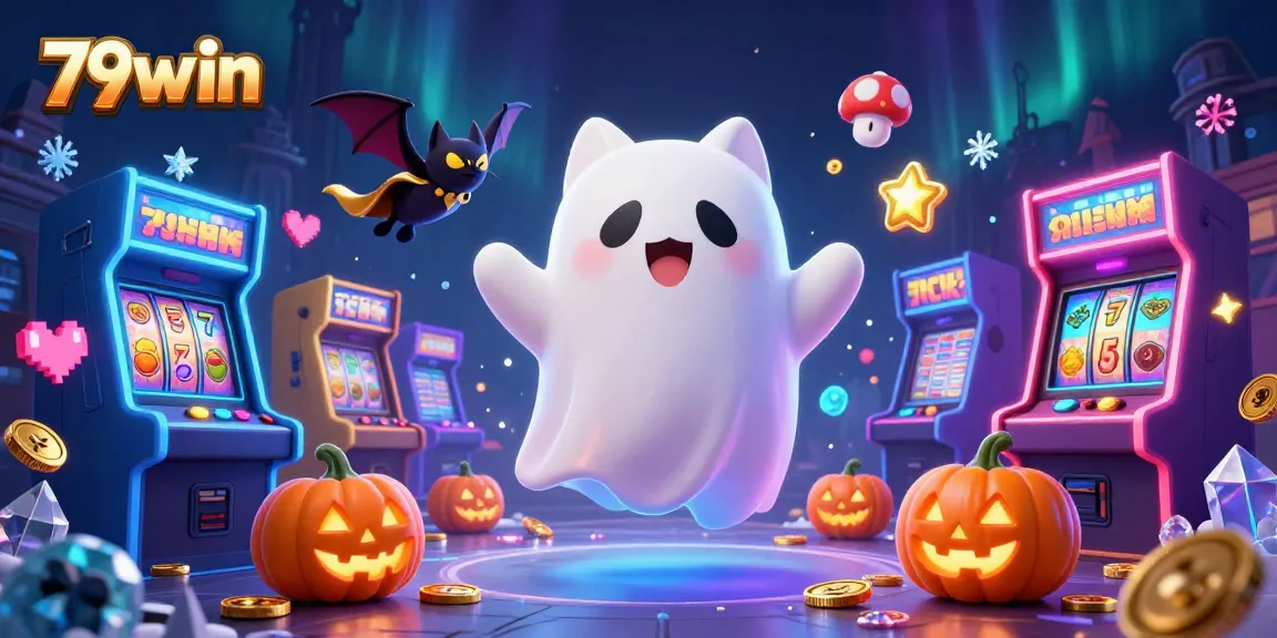 Engage in vibrant gaming at 79win with a playful ghost cat, casino elements, and retro arcade visuals.