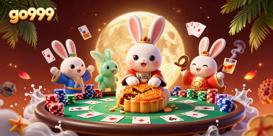 Play at go999, where a whimsical moon rabbit discovers poker chips in lunar mooncakes!
