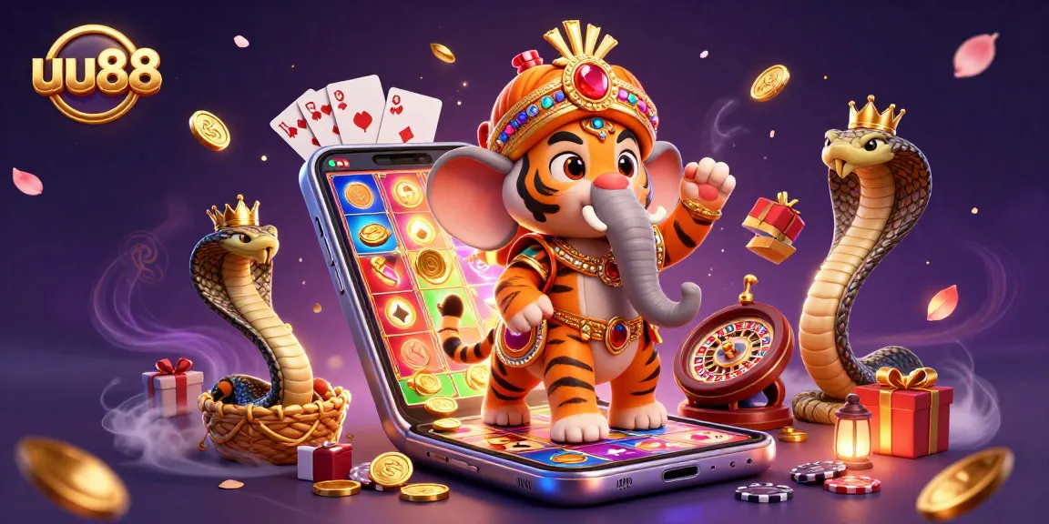 uu88 casino excitement featuring a tiger, elephant, and cobra amidst vibrant slot games.