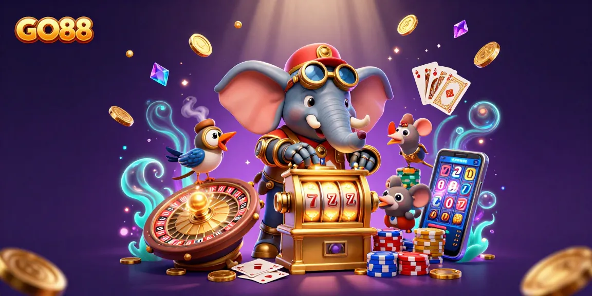 Experience exciting GO88 slots with a steampunk elephant operating a golden jackpot machine amidst cascading coins.