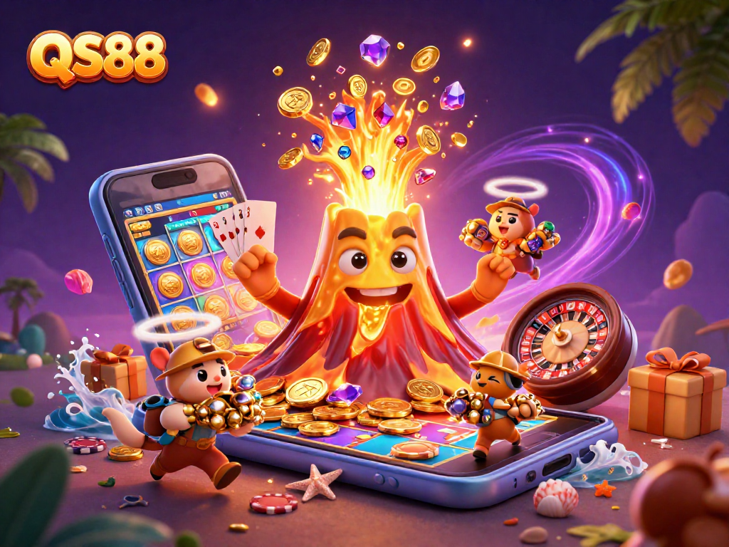 Experience exciting slot wins at QS88 with vibrant treasures erupting from a golden volcano.