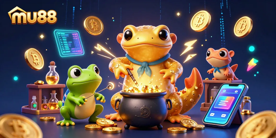 Experience mu88's vibrant gaming world with a 3D golden salamander alchemist creating wealth.
