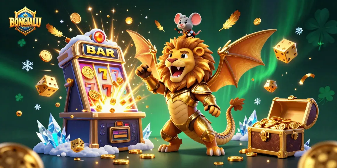 BONGDALU features a triumphant chimera in golden armor amidst an explosion of casino symbols and gold.