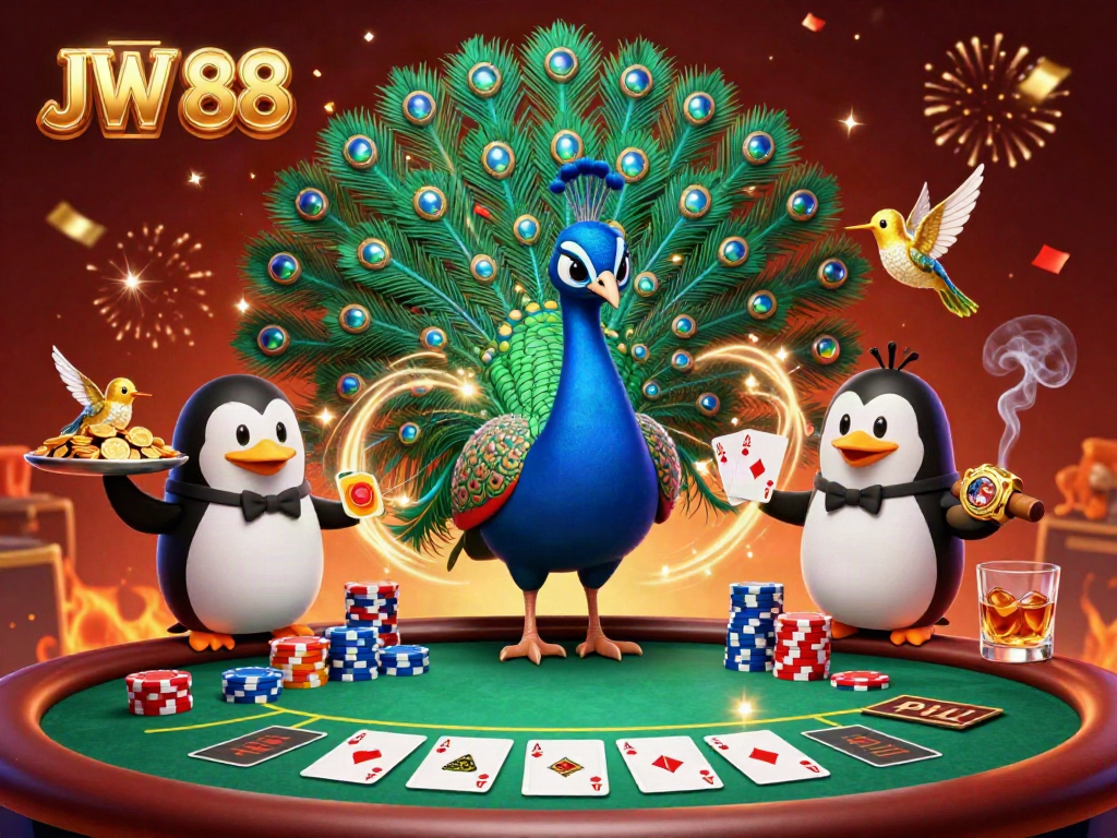 Experience thrilling casino fun with JW 88 featuring a peacock, penguin butler, and vibrant poker chips.