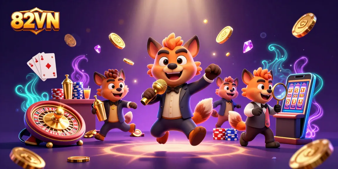 Bettors enjoy comedy and excitement at the 82VN casino with vibrant characters and lively gambling elements.