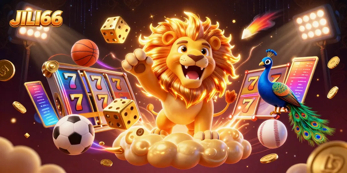 JILI66 players enjoy slots and sports betting alongside festive characters and golden elements.