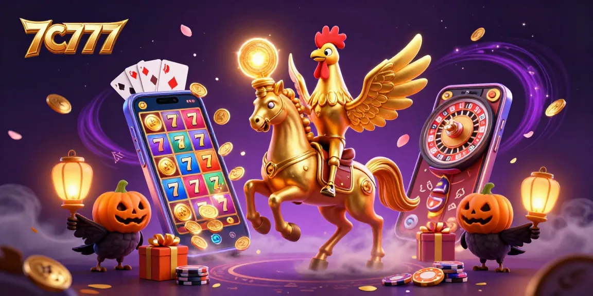 Engage with 7C777 in a vibrant casino scene filled with slot games and golden coins.