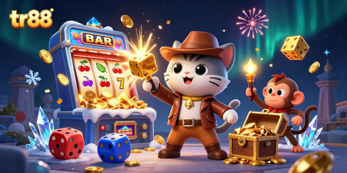 Spin big at tr88 while a cat archaeologist finds a golden casino artifact in a vibrant temple.