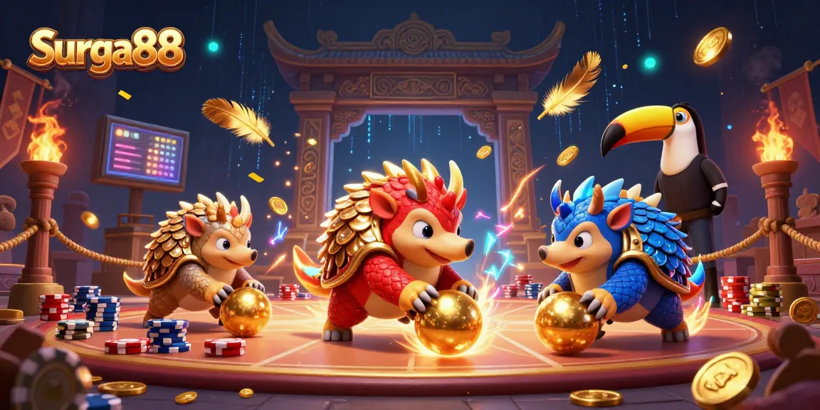 Engage in Surga88 with exciting pangolins bowling through poker chips in a vibrant casino scene.