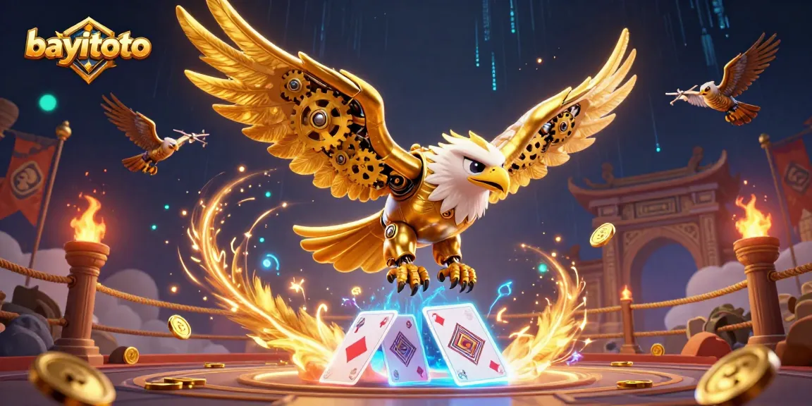 Experience bayitoto's thrilling gaming with golden eagle and holographic cards in this dynamic casino illustration.