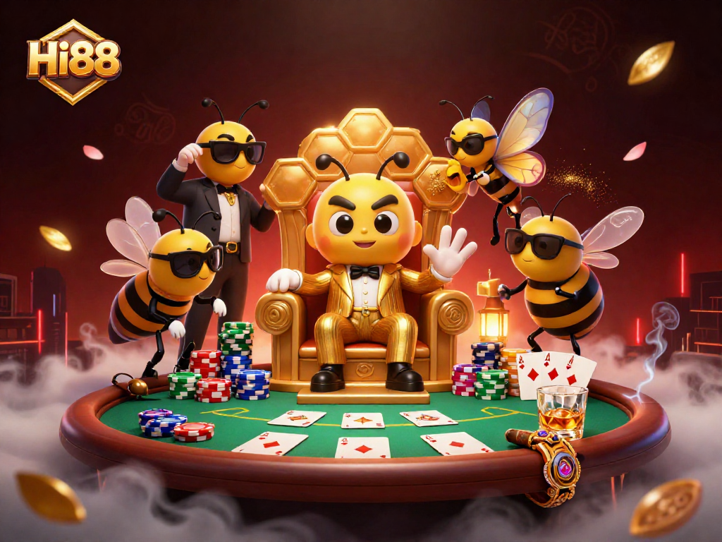 Engage in high-stakes poker with Hi88 as cartoon mobsters and butterflies unfold secrets in a vibrant scene.