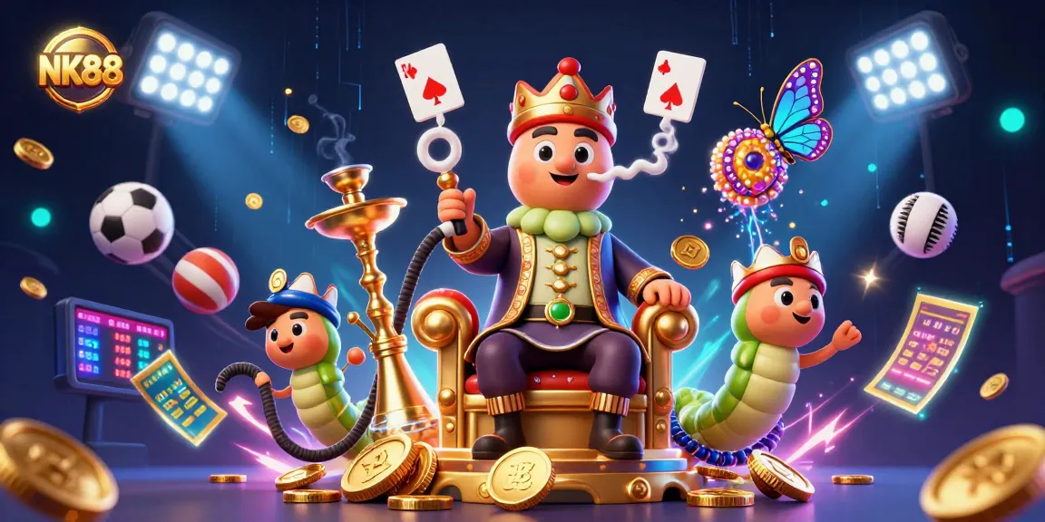 Bet on NK88 with a vibrant 3D illustration showcasing gaming elements and excitement.