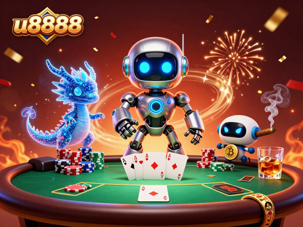 Engage in thrilling poker action at u8888 with a futuristic robot mascot and vibrant casino atmosphere.