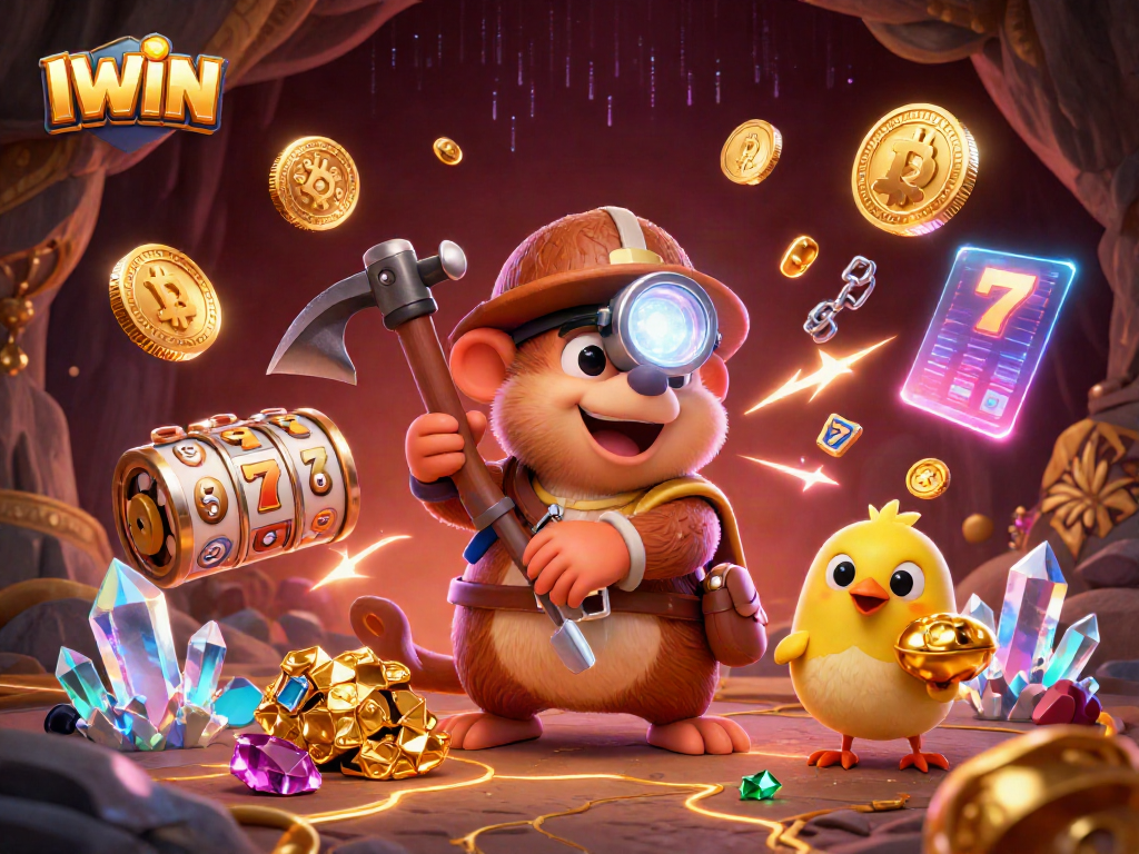 IWIN slots and jackpot game scene with a treasure hunter mole and a canary in a vibrant cave.