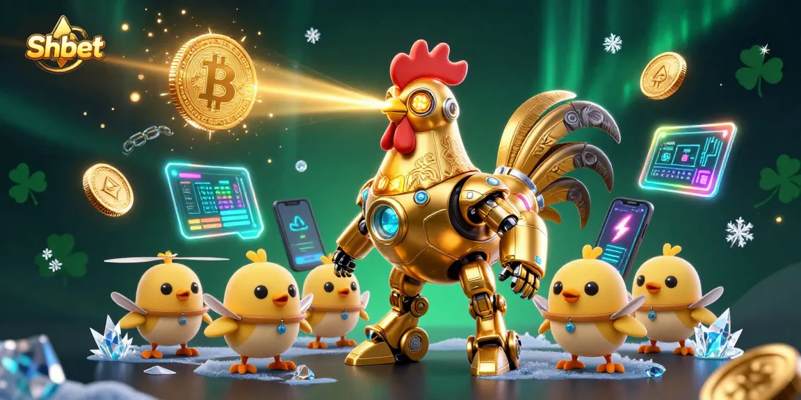 Shbet players winning with a golden robot and cryptocurrency elements in a vibrant 3D illustration.