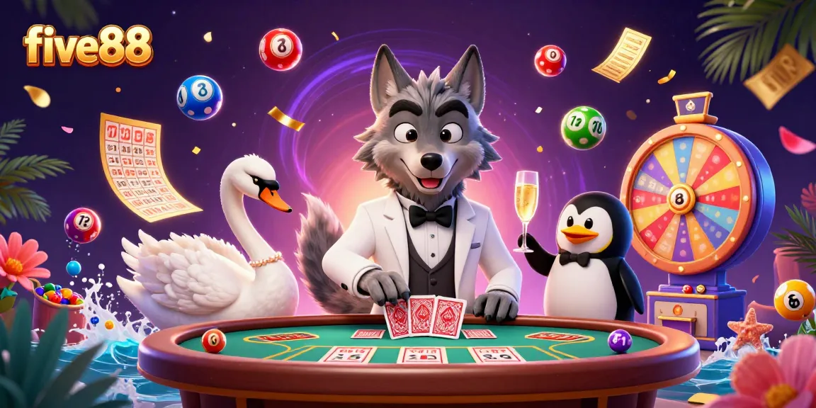 Experience the thrill of five88 as a debonair wolf plays baccarat with a swan dealer and penguin sommelier.