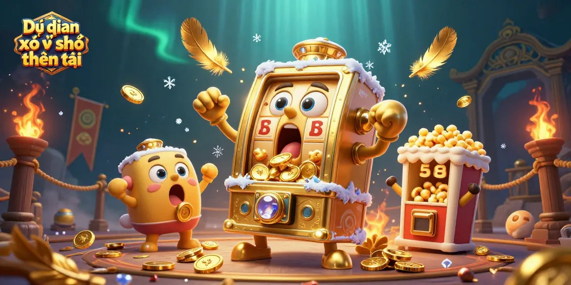 Dự đoán xổ số thần tài captures a vibrant scene with a golden slot machine hitting jackpots, surrounded by cheering smaller slot machines.