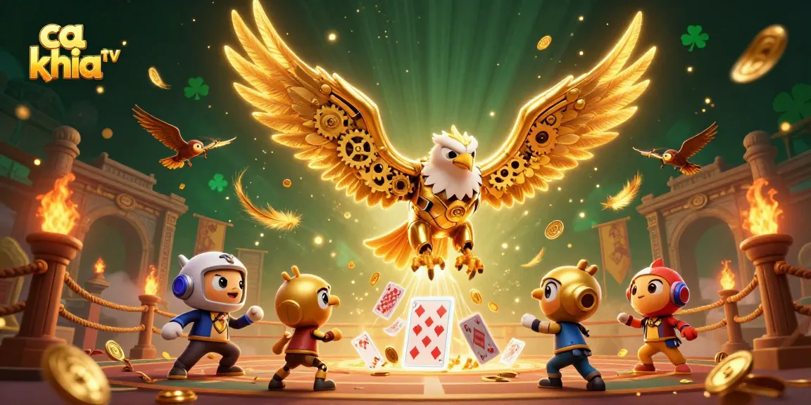 Enjoy thrilling action with ca khia tv featuring a golden eagle and holographic cards in a vibrant casino atmosphere.