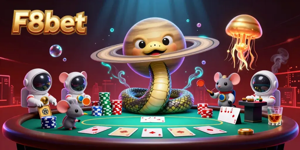 Experience the thrilling bets at F8bet with a cosmic roulette scene featuring cartoon characters and rich gaming elements.