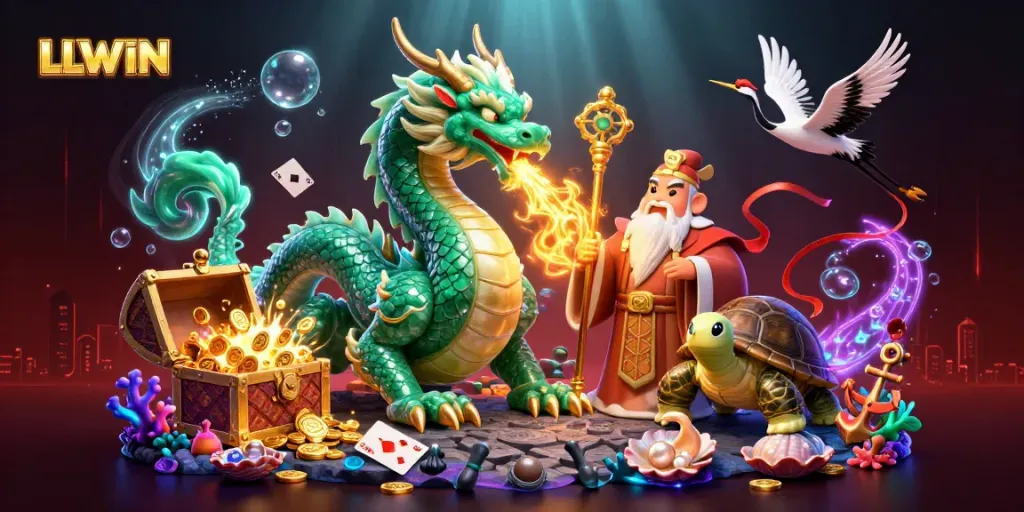 LLWIN engages gamblers with a vivid 3D illustration of a dragon and lucky motifs.