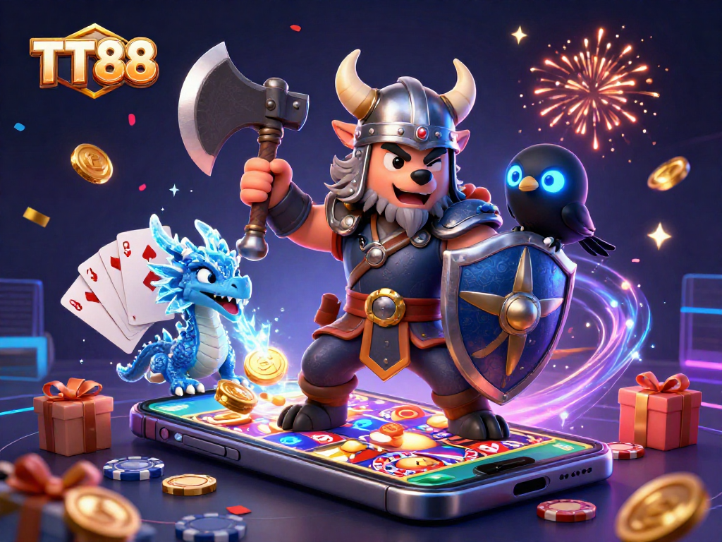 Experience the thrilling world of TT88, featuring a Viking wolf, fierce dragon, and casino elements.