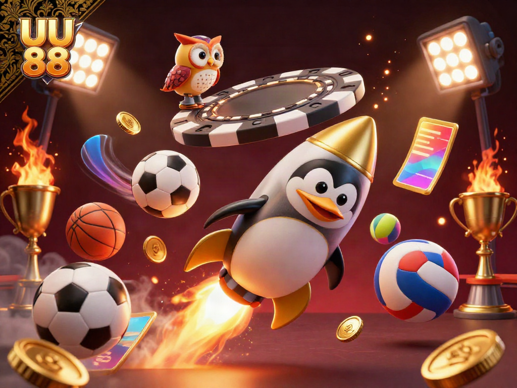 Experience the exhilarating thrill of UU 88 with a dynamic 3D scene of a golden penguin navigating towards a casino space station.
