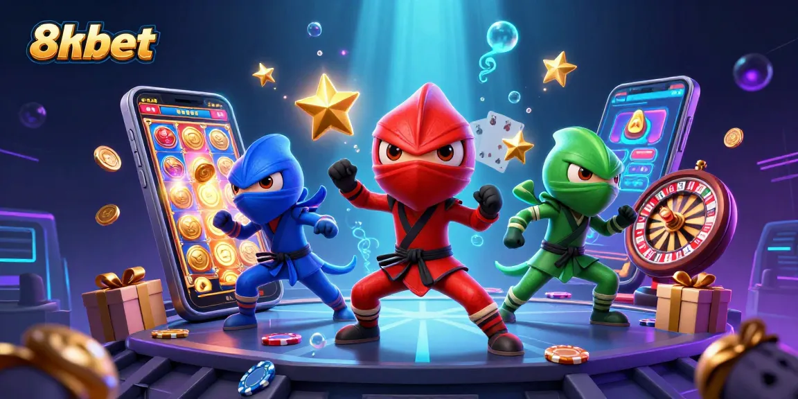 Experience gaming excitement with 8xbet's vibrant 3D illustration featuring chameleons and casino elements.