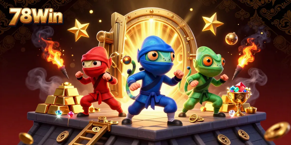 78Win features a synchronized performance of ninja chameleons surrounded by gold and jewels in a vibrant casino scene.