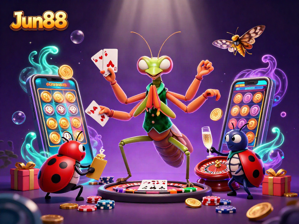 Experience Jun88's vibrant online casino scene with colorful slots, cards, and dynamic gaming elements.