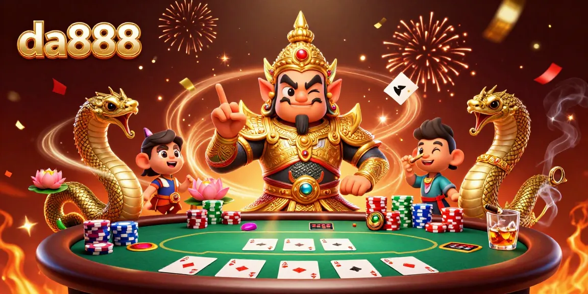 Experience the thrill of da888 poker with a vibrant 3D scene featuring ornate characters and colorful game elements.