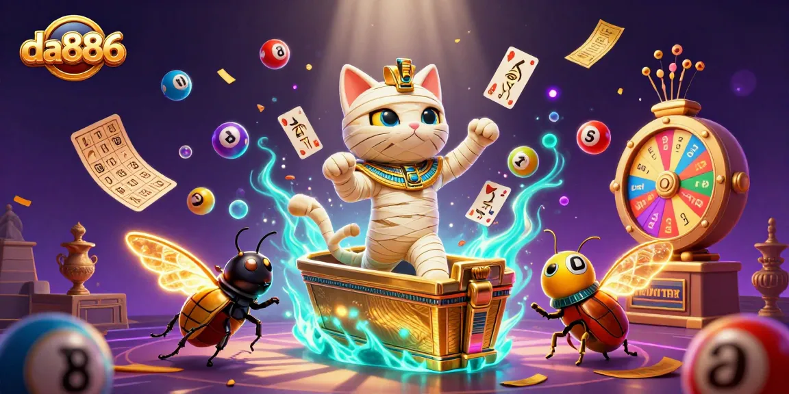 Experience the thrill of da886 with an Egyptian mummy cat and dynamic lottery elements.