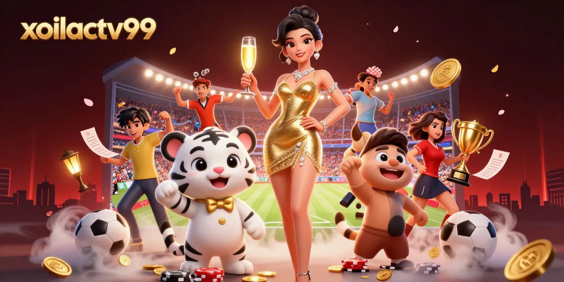 Xoilactv99 showcases a glamorous woman celebrating sports betting wins with a lucky tiger by her side.