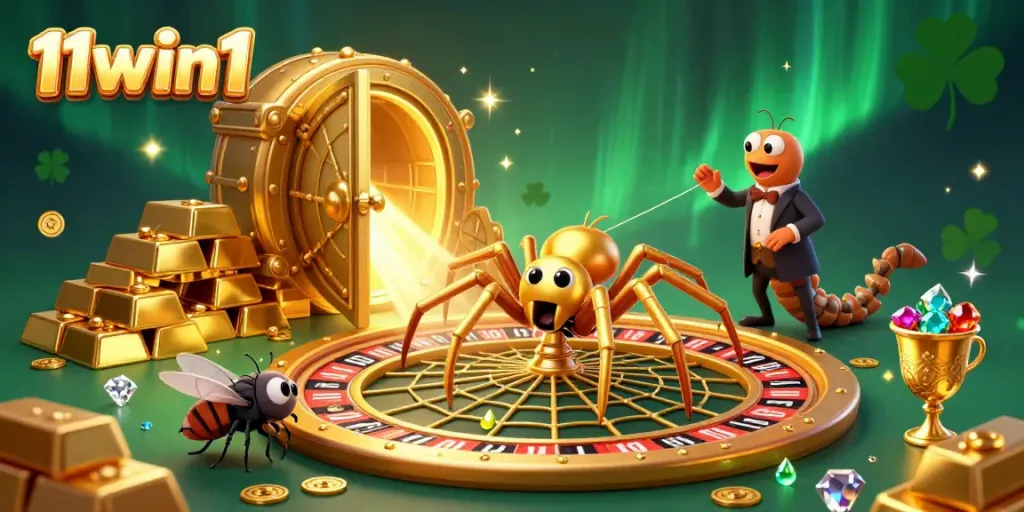 Discover thrilling betting opportunities at 11win1 with a vibrant illustration of a spider and its web as a roulette wheel.