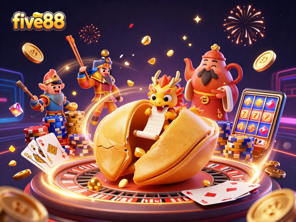 Experience the excitement of five88 with a dynamic casino scene featuring golden treasure and gaming action.