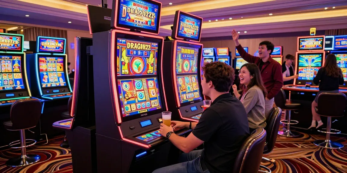 Player enjoying the DRAGON222 slot in a vibrant casino environment with friends cheering.