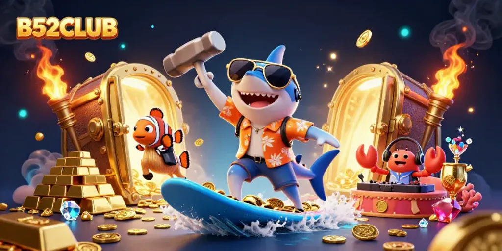 Engage with B52CLUB's thrilling casino experience featuring cartoon characters in a vibrant treasure scene.
