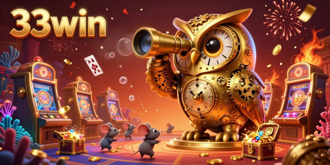 Engage with thrilling games at 33win, featuring a dynamic casino scene with cartoon characters and vibrant elements.
