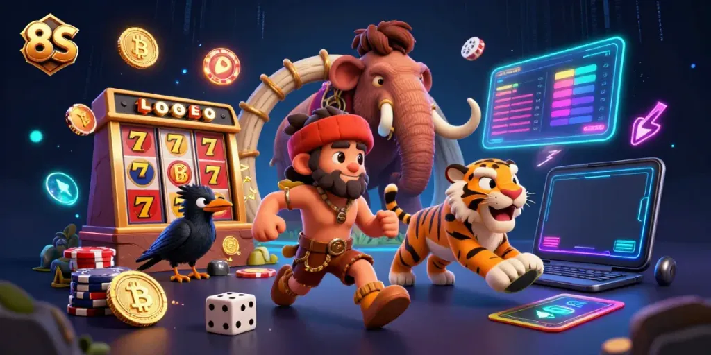 Engage with the dynamic gameplay of 8S at a prehistoric casino featuring vibrant slot machines and lively characters.