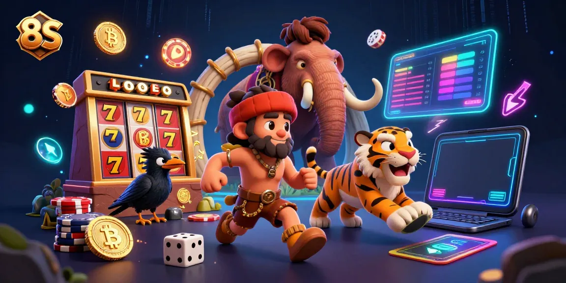 Engage with the dynamic gameplay of 8S at a prehistoric casino featuring vibrant slot machines and lively characters.