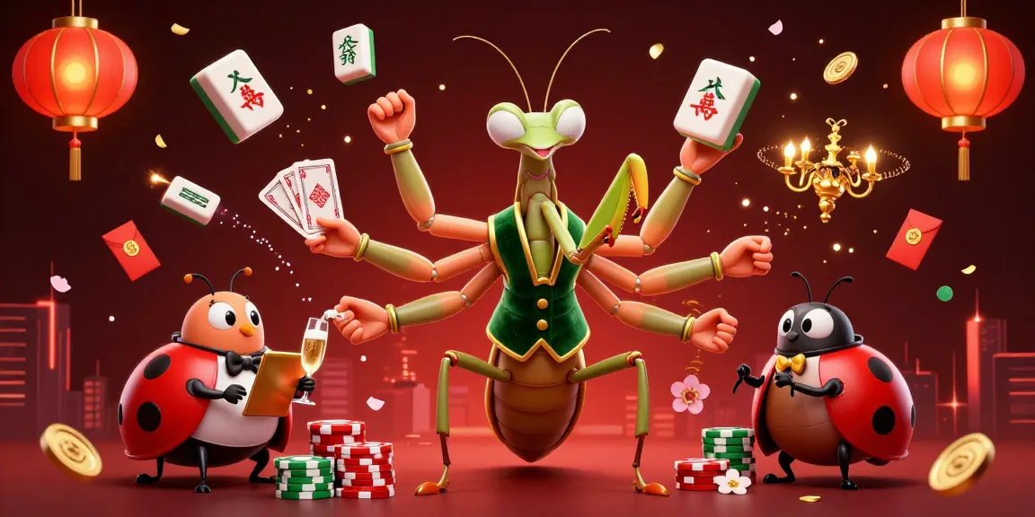 Experience the excitement of vn88 pro as a giant mantis deals cards in a vibrant casino scene.