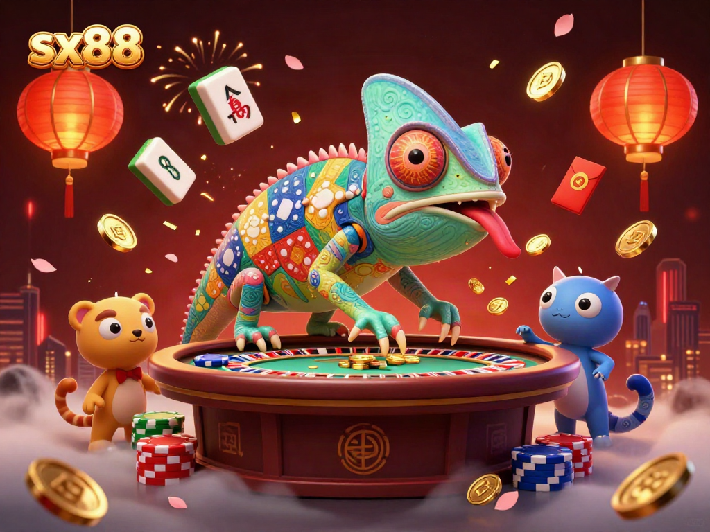 Engage in the vibrant world of sx88 with a chameleon casino owner catching golden coins, amidst colorful celebrations.
