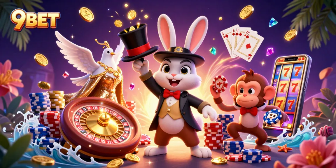 Engaging illustration featuring the 9BET magician rabbit pulling coins, vibrant casino elements surrounding.