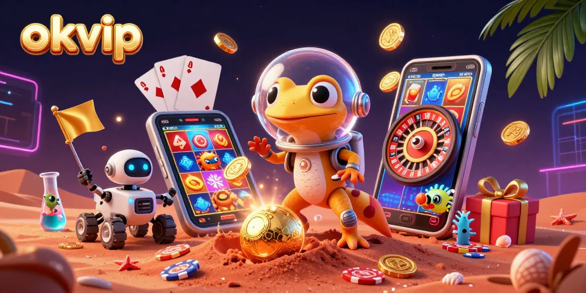 Engage with okvip's vibrant online casino scene featuring a Martian gecko and robot rover.