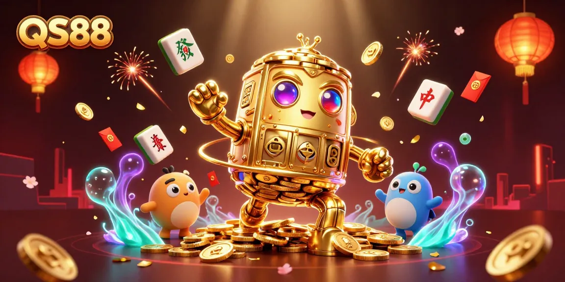 Bet and win at QS88's vibrant casino, showcasing 3D golden golem and festive game elements.