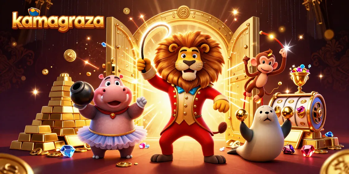 Kamagraza pushes the excitement with a vibrant 3D illustration showcasing gambling characters around gleaming slot reels and stunning treasures.