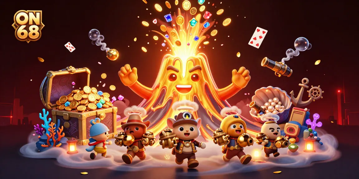 Win big at ON 68's casino with vibrant treasures erupting from a golden volcano.
