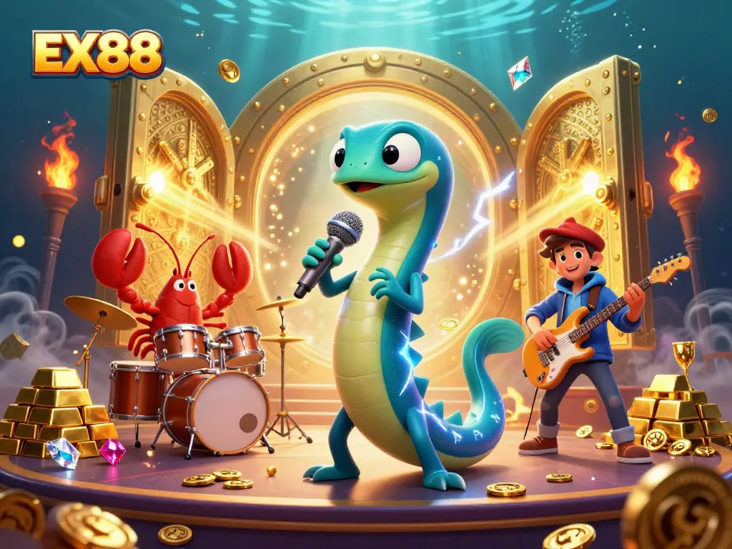Experience the electrifying performance at EX88's underwater casino with vibrant characters and treasures.