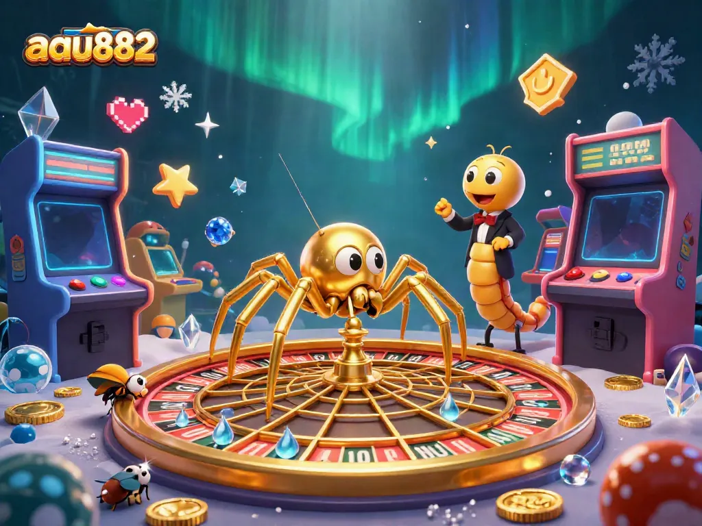 Engaging aau882 players at a vibrant casino scene with a spider spinning roulette and colorful game machines.