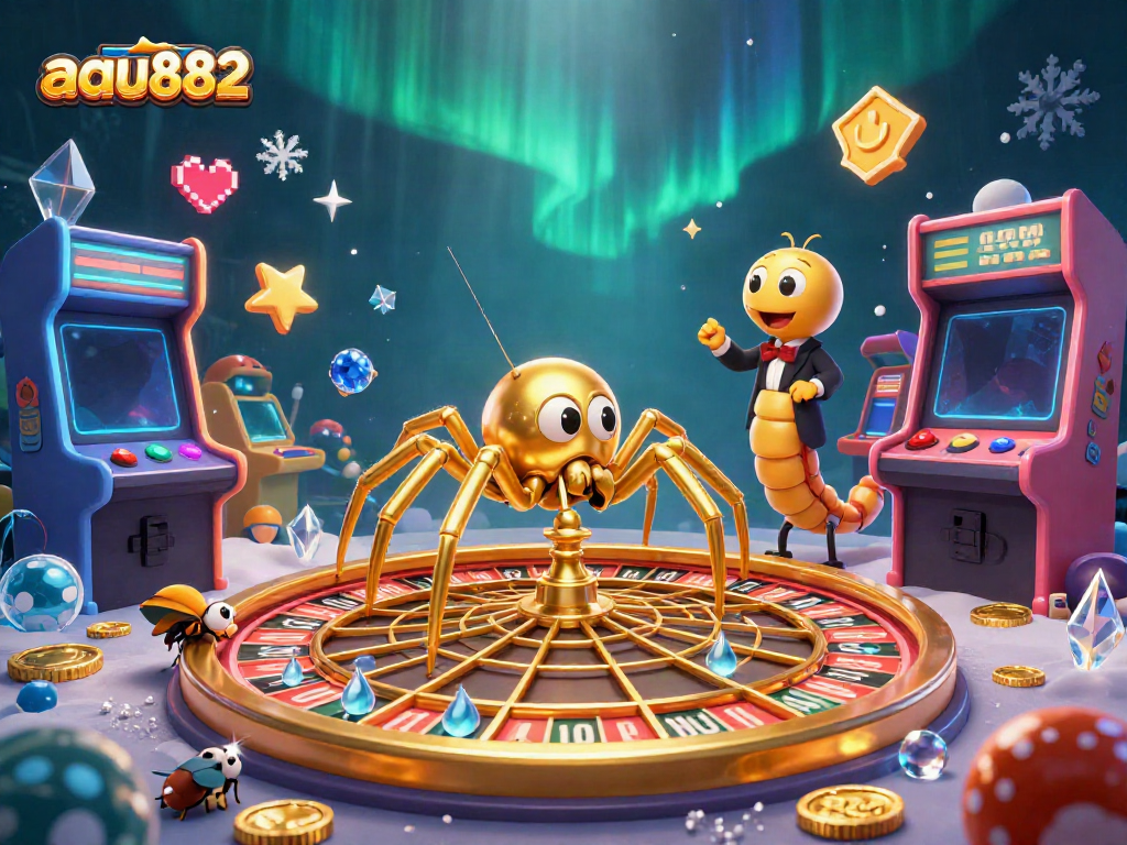 Engaging aau882 players at a vibrant casino scene with a spider spinning roulette and colorful game machines.
